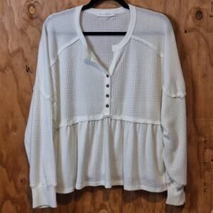 All in Favor Shirt Womens XL Waffle Knit Ivory Henley Classic Minimalist Neutral